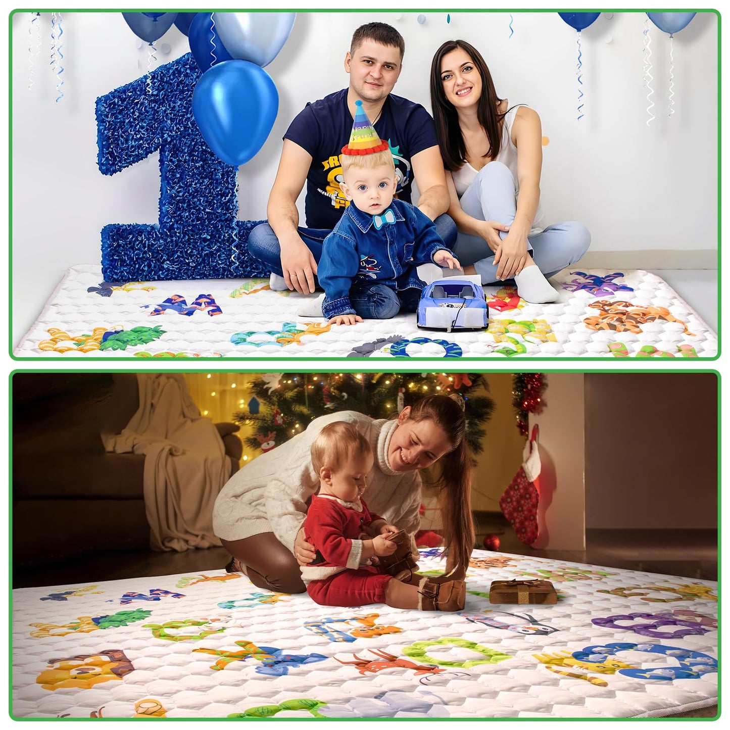 Funsland crawling carpet for babies, non-slip baby play mat, non-toxic 127x127cm, cotton animal crawling mat for babies, foldable with a height ruler, children's play mat for indoors/outdoors/fences 