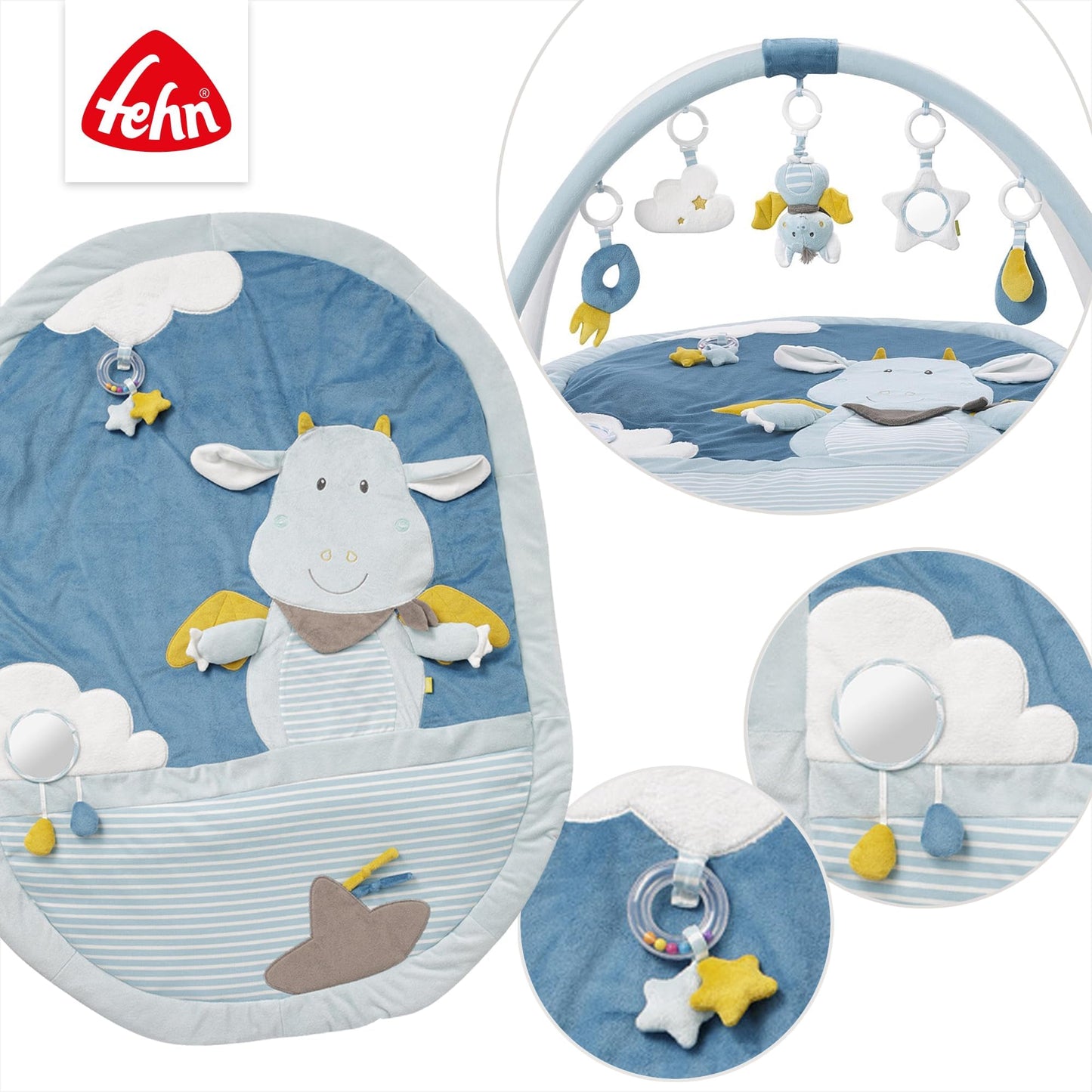 Fehn 3-D-Activity-Decke Spielbogen Peru – Baby Krabbeldecke mit 5 abnehmbaren Spielzeugen zum Greifen – Spieldecke für Babys und Kinder ab 0+ Monaten – Krabbelmatte als Geschenk zur Geburt