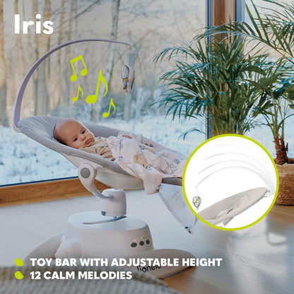 LIONELO Iris Electric Baby Rocker 360° Rotatable for Babies up to 9 kg Adjustable Backrest, 5 Weighing Speeds, Non-Slip Safety Belt, 12 Melodies Hanger with Toy Remote Control