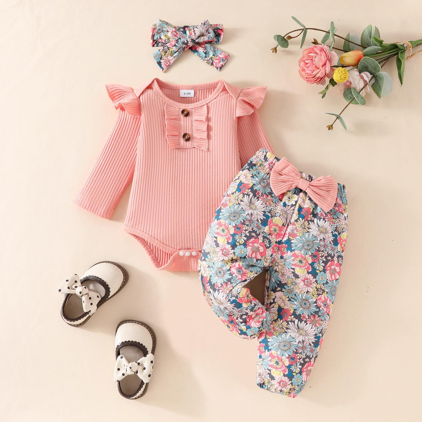 Neugeborenes Baby Mädchen Kleidung Kleinkind Gerippte Rüschen Langarm Strampler + Floral Hosen + Stirnband Nette Herbst Outfit Set