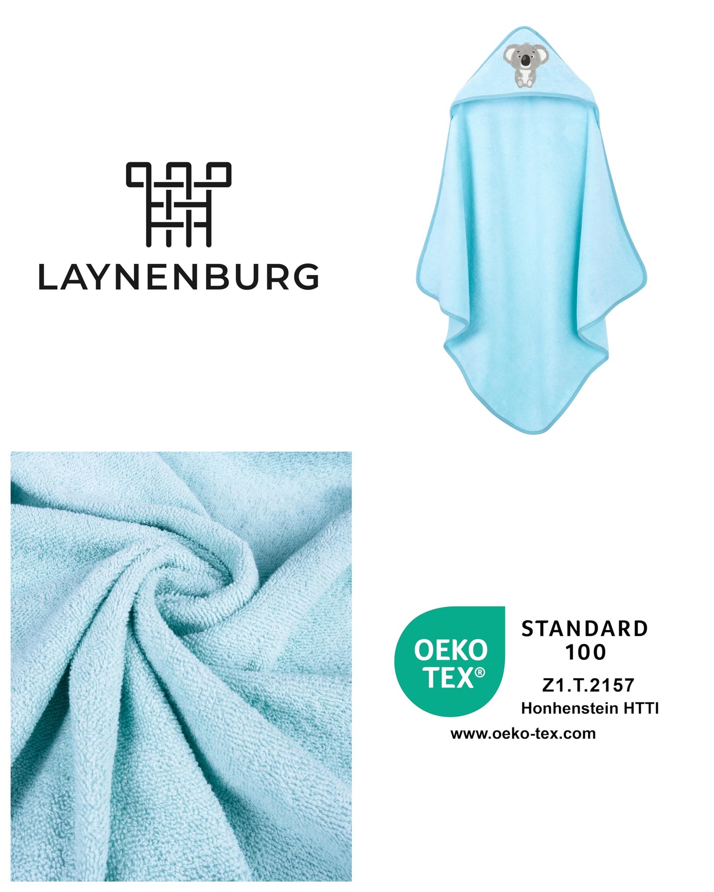LAYNENBURG Premium Kapuzenhandtuch Baby - Badehandtuch aus 100% Baumwolle - Oeko TEX - Handtuch mit Kapuze für Neugeborene & Kinder - Badetuch, Babyhandtuch Mädchen, Jungen (Waschbär 80 x 80cm)