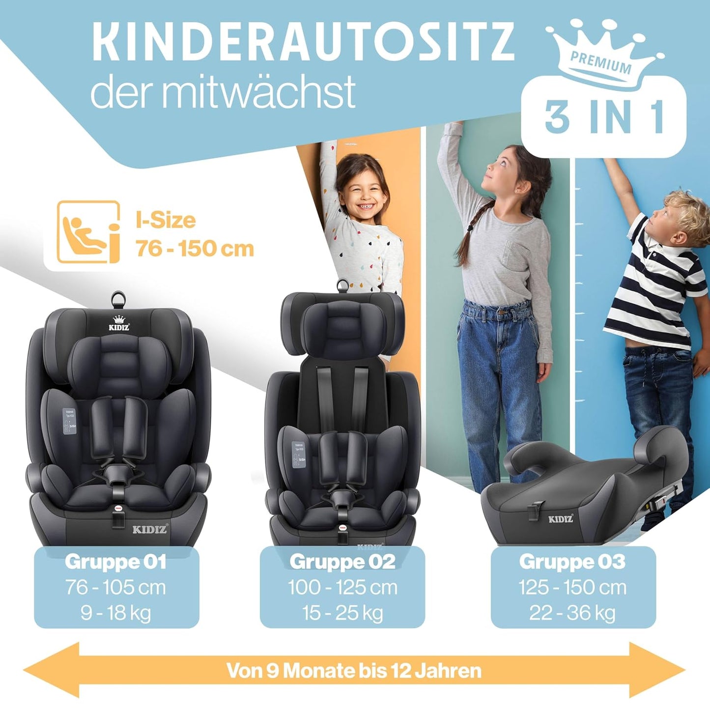 Autokindersitz mit Isofix i-Size R129 100-150cm bis 12 Jahre, Kinderautositz Gruppe 1/2/3, mitwachsender Kindersitz, 5-Punkt-Gurt & höhenverstellbare Kopfstütze, Sitzerhöhung Auto, Schwarz