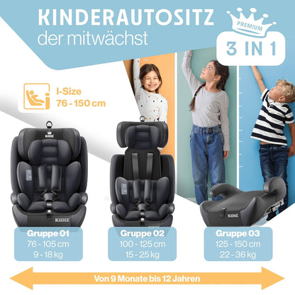 Autokindersitz mit Isofix i-Size R129 100-150cm bis 12 Jahre, Kinderautositz Gruppe 1/2/3, mitwachsender Kindersitz, 5-Punkt-Gurt & höhenverstellbare Kopfstütze, Sitzerhöhung Auto, Schwarz