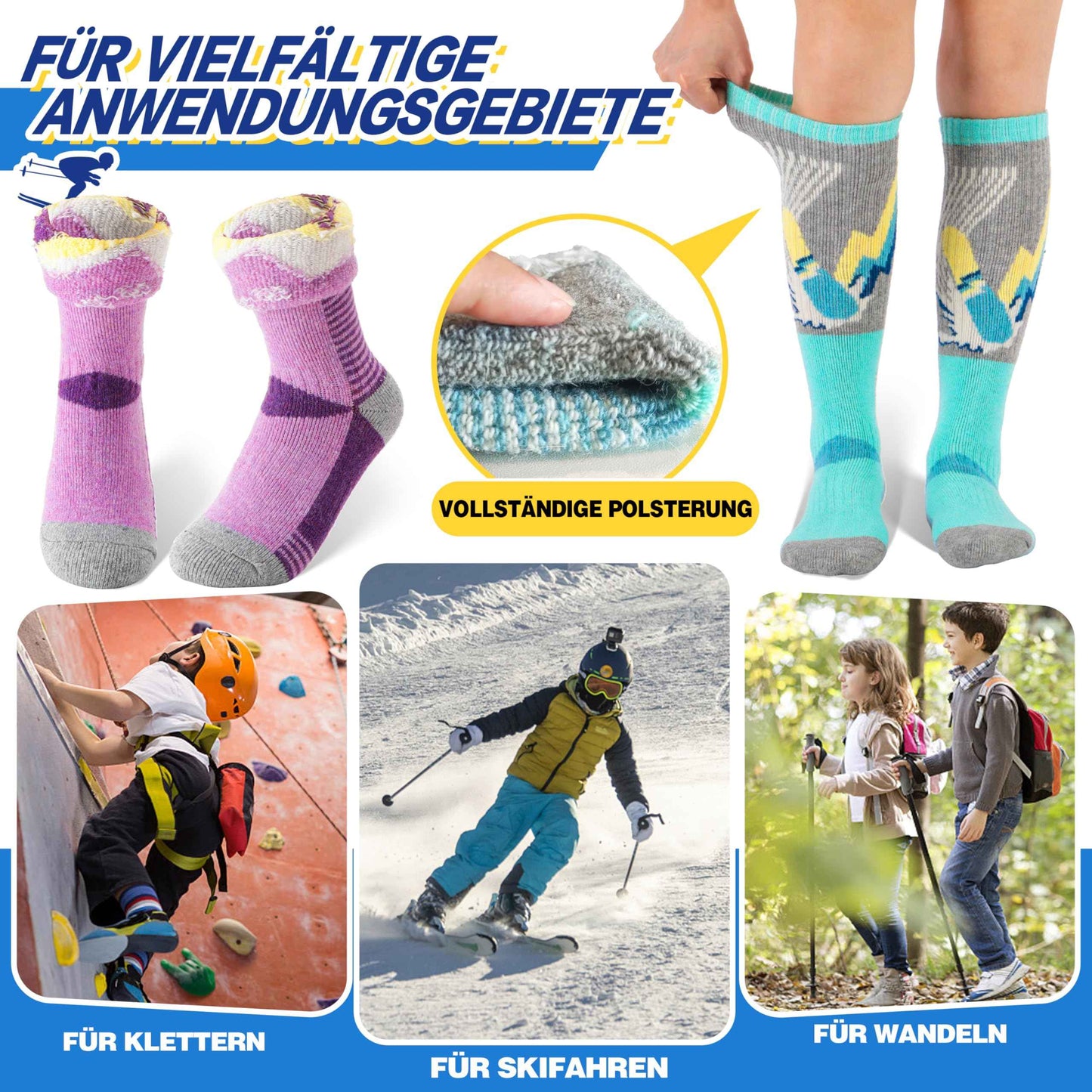 ANTSANG Kinder Merino Woll Skisocken Jungen Mädchen Thermisch Dick Warm Winter Gemütlich Kniehohe Socken zum Skifahren Snowboarden 3 Paar
