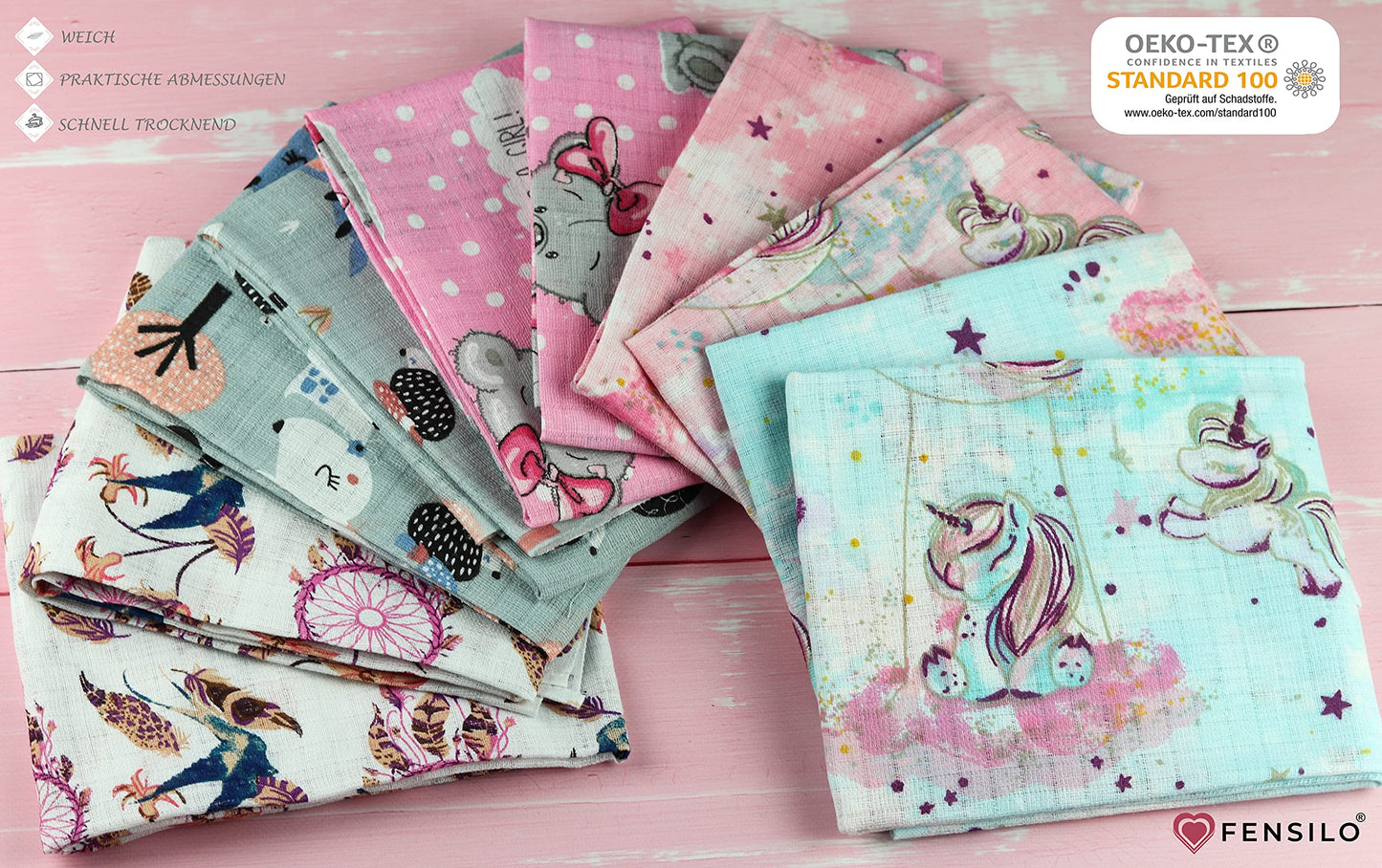 FENSILO - Mulltücher - Mullwindeln - 10er Pack 70x80 cm - Stoffwindeln, Made IN EU, schadstoffgeprüft - Spucktücher Set für Mädchen – Baby Mullwindeln- Rosa - Oeko-TEX Zertifiziert