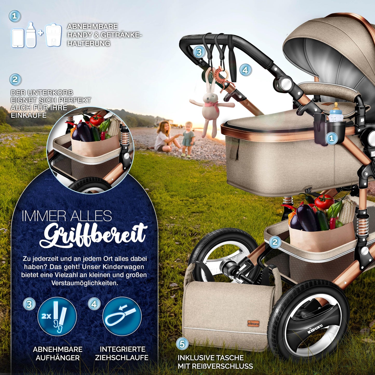 KIDUKU® 3 in 1 Kinderwagen Komplettset | Kombikinderwagen Set inkl. Babywanne & Buggy Sportsitz & Auto-Babyschale Fußsack | Vollgummireifen Wickeltasche Handwärmer Regenschutz Kindertisch ECE R129