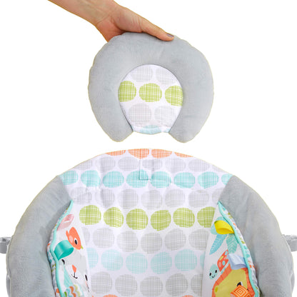 Bright Starts, Babywippe Babyschaukel mit beruhigenden Vibrationen, Babysitz, Musik, abnehmbarer Spielbügel, 0-6 Monate, bis zu 20 lbs (Whimsical Wild)