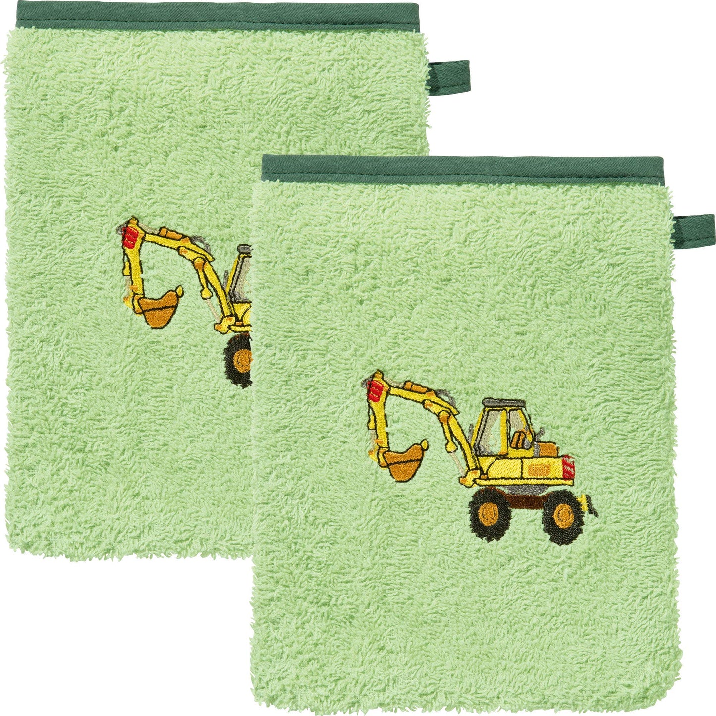 Erwin Müller Kinder-Waschhandschuh, Waschlappen 4er-Pack Traktor, Bagger grün Größe 15x21 cm - 100% Baumwolle, mit hochwertigem Stickmotiv