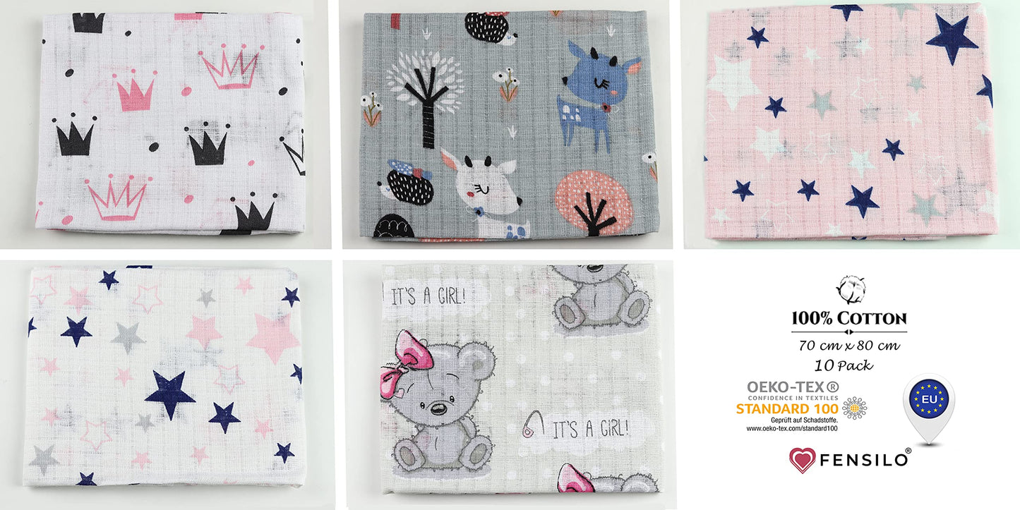 FENSILO - Mulltücher - Mullwindeln - 10er Pack 70x80 cm - Stoffwindeln, Made IN EU, schadstoffgeprüft - Spucktücher Set für Mädchen – Baby Mullwindeln- Rosa - Oeko-TEX Zertifiziert