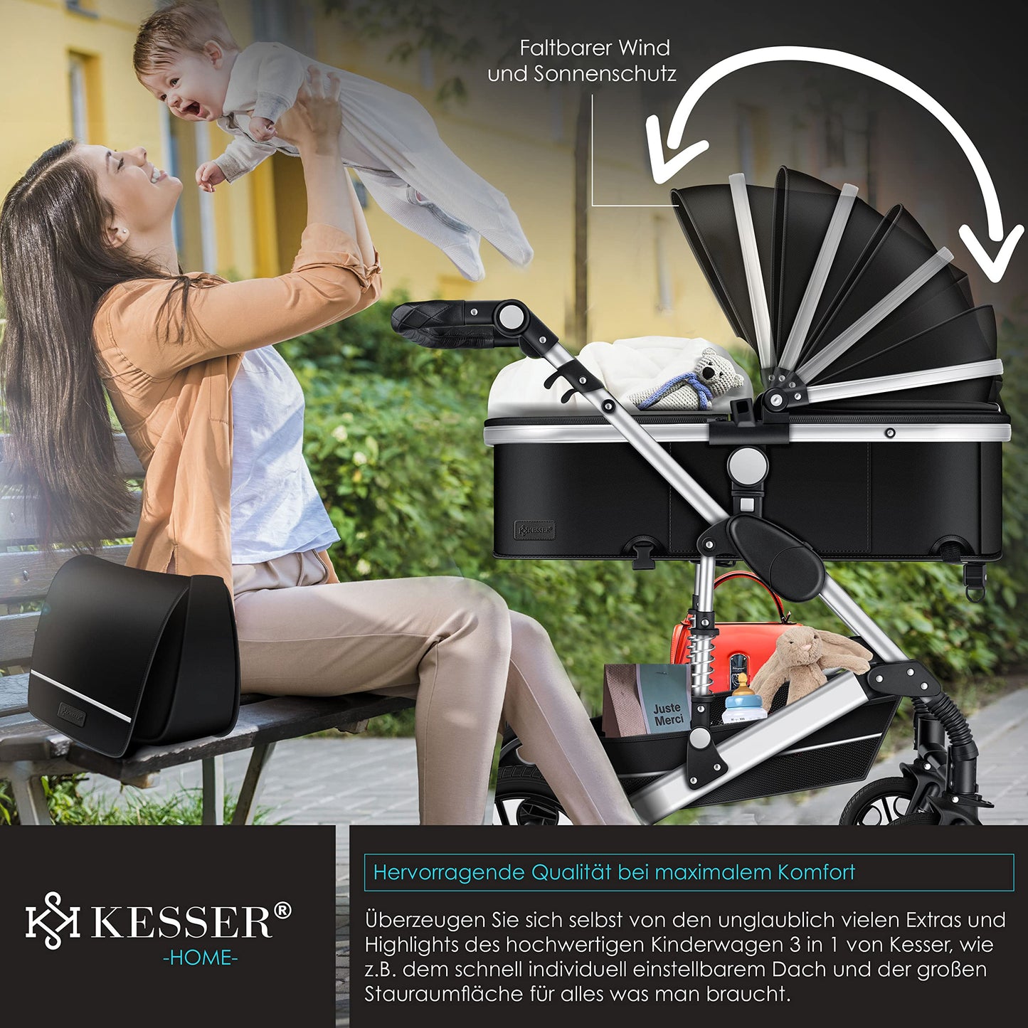 KESSER® Loops 3 in 1 Kinderwagen Kombikinderwagen Komplett-Set inkl. Babywanne & Buggy Sportsitz & Auto-Babyschale Voll-Gummireifen Wickeltasche Regenschutz Kindertisch ECE R129, Schwarz/Champagne - Meloni2