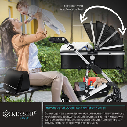 KESSER® Loops 3 in 1 Kinderwagen Kombikinderwagen Komplett-Set inkl. Babywanne & Buggy Sportsitz & Auto-Babyschale Voll-Gummireifen Wickeltasche Regenschutz Kindertisch ECE R129, Schwarz/Champagne - Meloni2