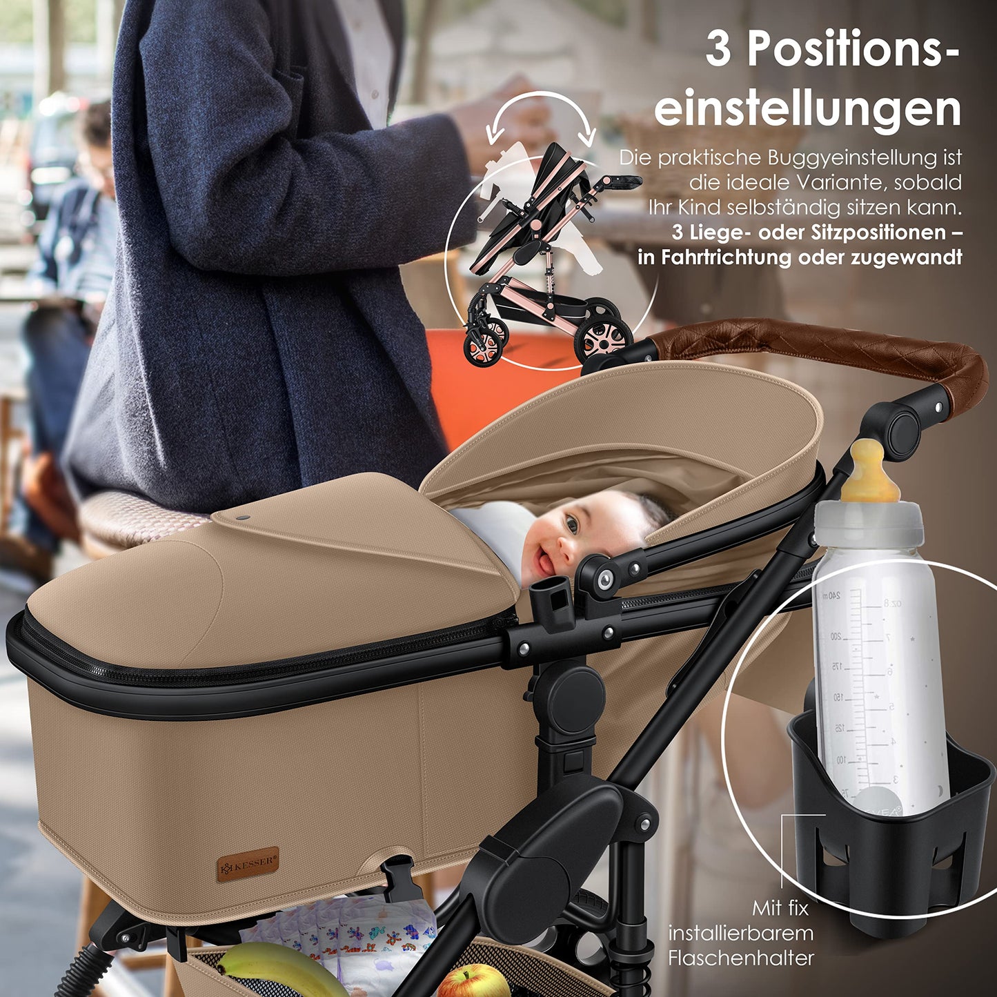 KESSER® Loops 3 in 1 Kinderwagen Kombikinderwagen Komplett-Set inkl. Babywanne & Buggy Sportsitz & Auto-Babyschale Voll-Gummireifen Wickeltasche Regenschutz Kindertisch ECE R129, Schwarz/Champagne - Meloni2
