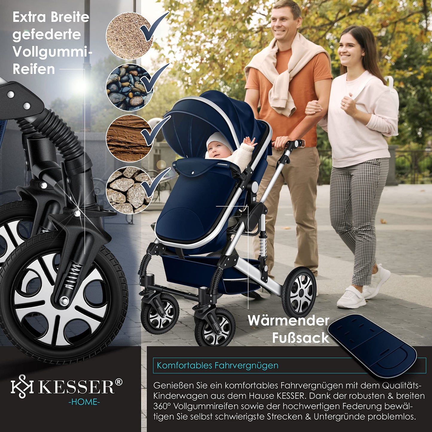 KESSER® Loops 3 in 1 Stroller Combi Stroller Complete Set including Carrycot &amp; Buggy Sports Seat &amp; Car Seat Solid Rubber Tires Changing Bag Rain Cover Children's Table ECE R129, Black/Champagne 