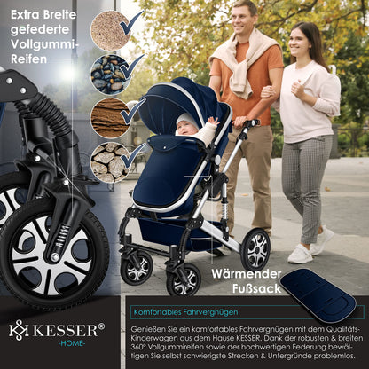 KESSER® Loops 3 in 1 Stroller Combi Stroller Complete Set including Carrycot &amp; Buggy Sports Seat &amp; Car Seat Solid Rubber Tires Changing Bag Rain Cover Children's Table ECE R129, Black/Champagne 