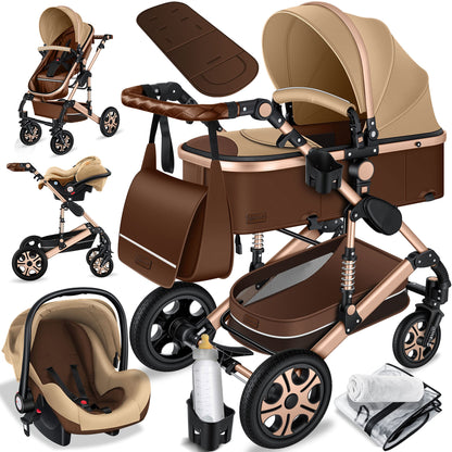 KESSER® Loops 3 in 1 Kinderwagen Kombikinderwagen Komplett-Set inkl. Babywanne & Buggy Sportsitz & Auto-Babyschale Voll-Gummireifen Wickeltasche Regenschutz Kindertisch ECE R129, Schwarz/Champagne - Meloni2