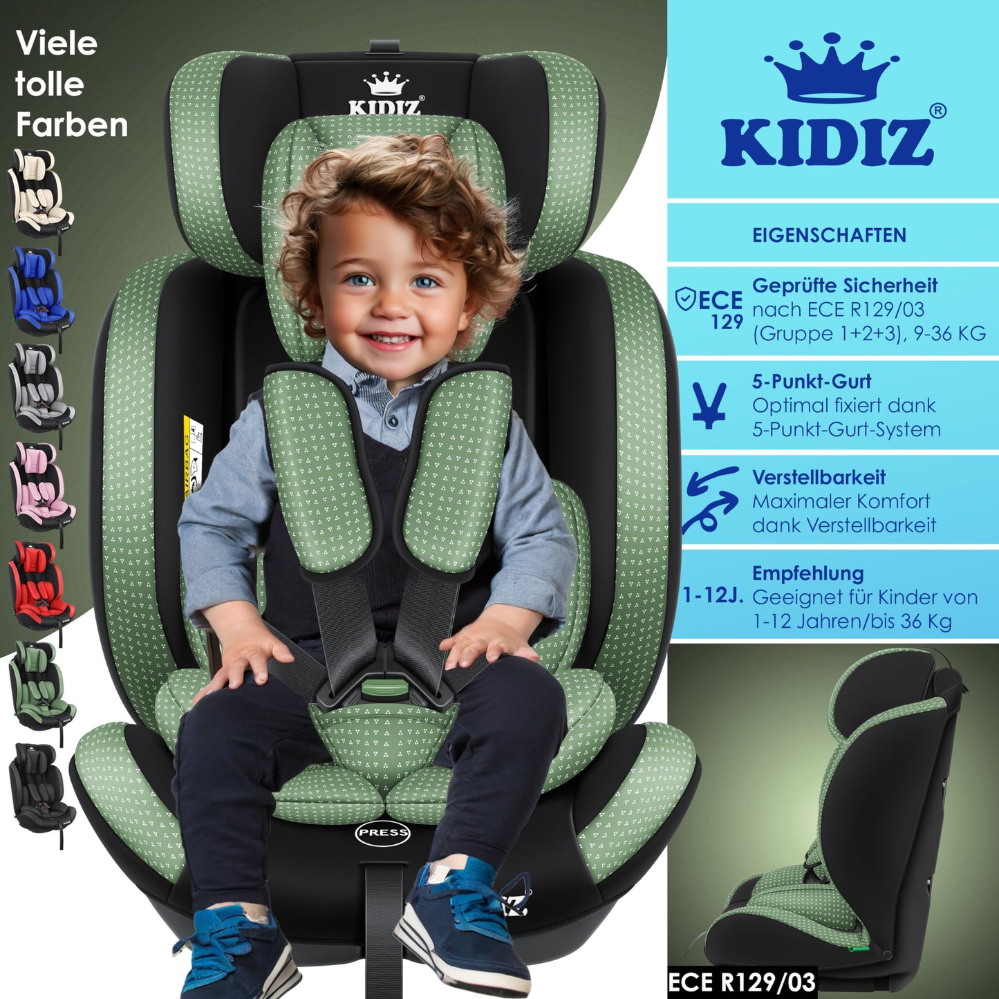 KIDIZ® Autokindersitz Triangle Premium Kindersitz Kinderautositz | Autositz Sitzschale | 9 kg - 36 kg 1-12 Jahre | Gruppe 1/2/3 | universal | zugelassen nach ECE R129/03 | mit Isofix - Meloni2