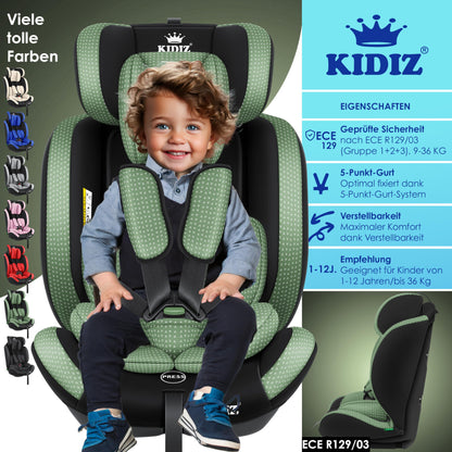 KIDIZ® Autokindersitz Triangle Premium Kindersitz Kinderautositz | Autositz Sitzschale | 9 kg - 36 kg 1-12 Jahre | Gruppe 1/2/3 | universal | zugelassen nach ECE R129/03 | mit Isofix - Meloni2