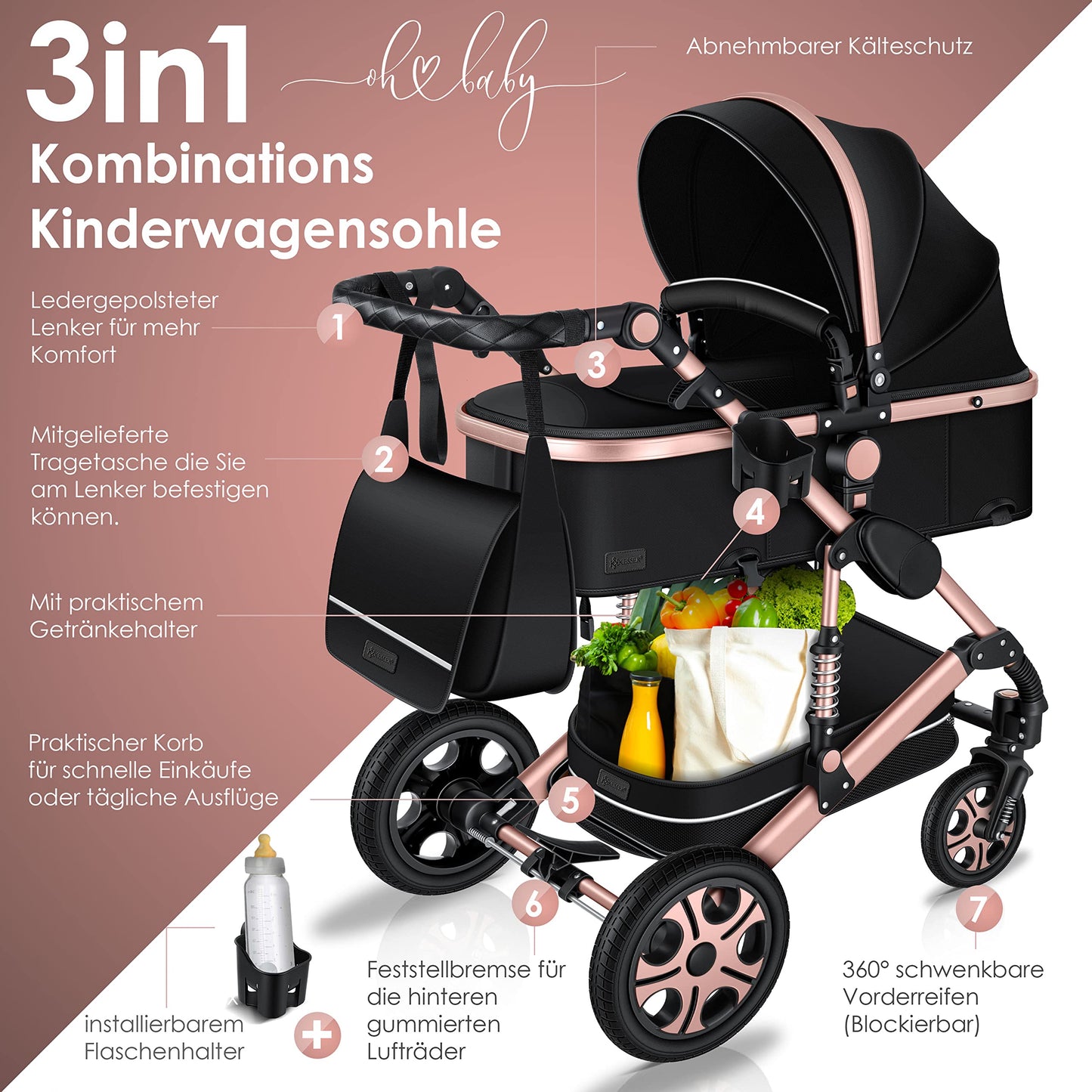 KESSER® Loops 3 in 1 Kinderwagen Kombikinderwagen Komplett-Set inkl. Babywanne & Buggy Sportsitz & Auto-Babyschale Voll-Gummireifen Wickeltasche Regenschutz Kindertisch ECE R129, Schwarz/Champagne - Meloni2