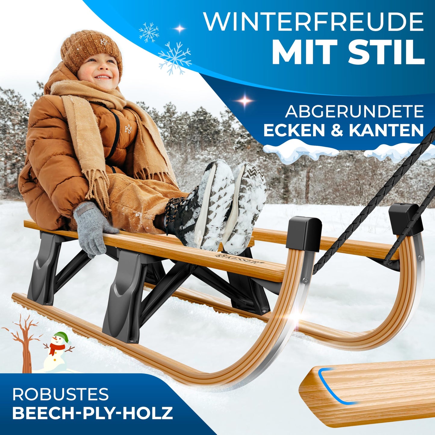 KESSER® Wooden Sledge Premium Children's Folding Sledge Made of Beech Wood Including Pull Rope Slider Metal Runners