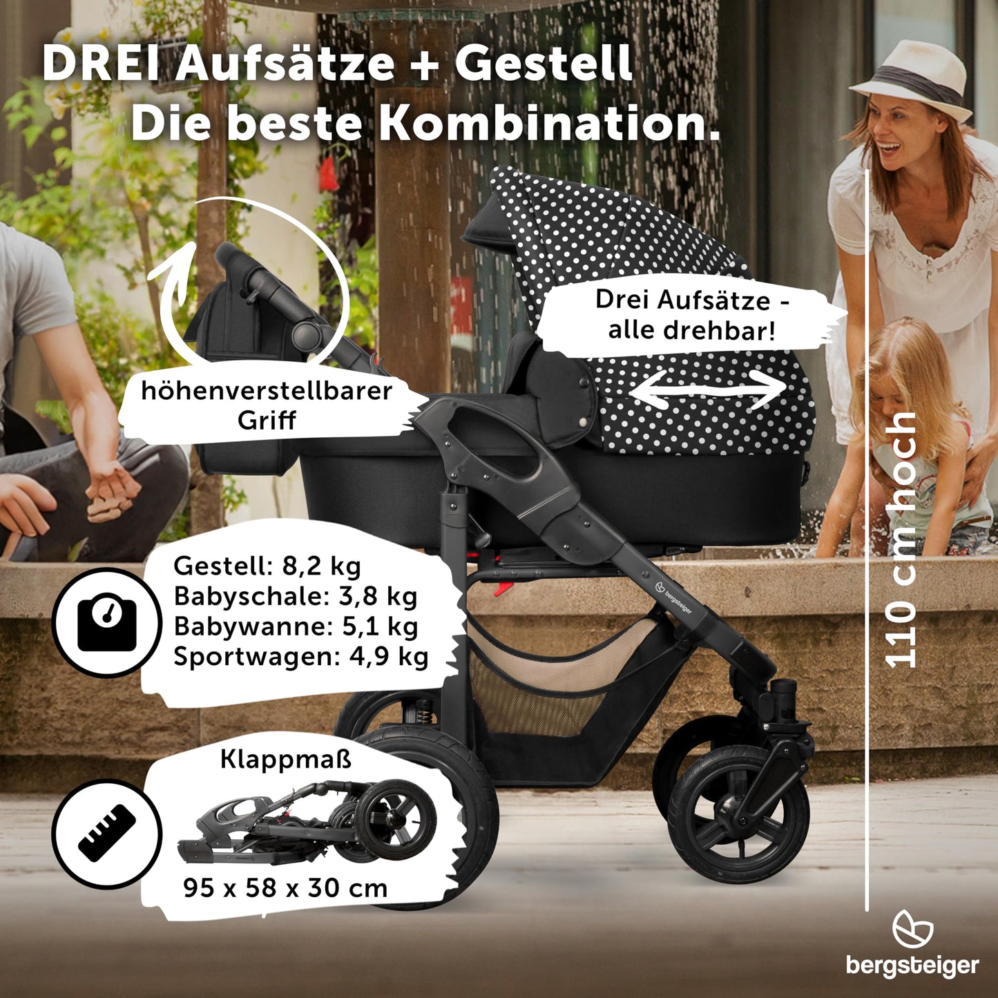 Bergsteiger Capri 3-in-1 Combination Pushchair - Baby Carrier, Sports Seat & i-Size Baby Seat, Pneumatic Tyres, Suspension, Height-Adjustable Handle, Foldable, Accessories