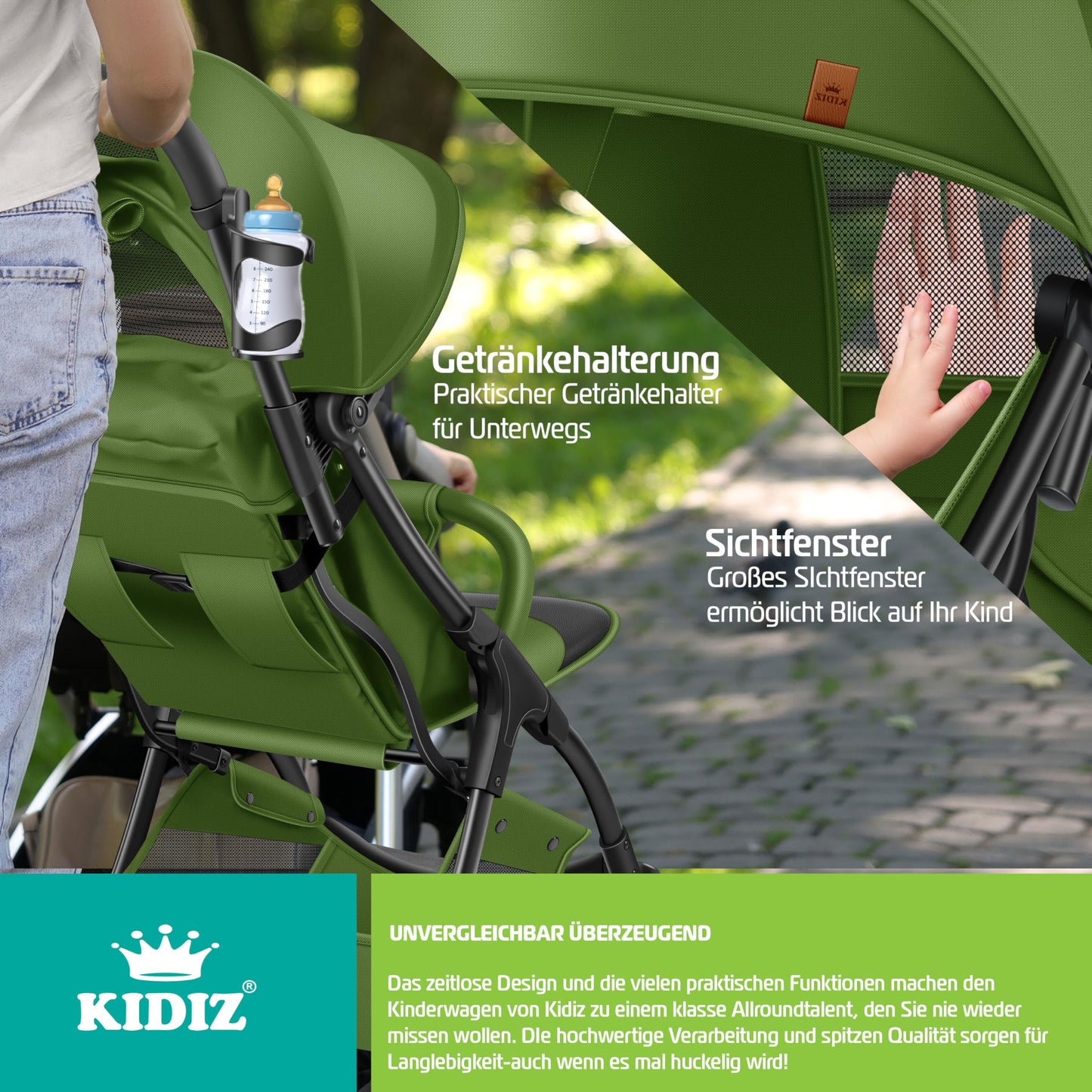 KIDIZ® Folding Pushchair, Sports Pram, 360° Wheels, 5-Point Harness, incl. Drinks Holder, Rain Cover, Adjustable Backrest and Sun Canopy, Red