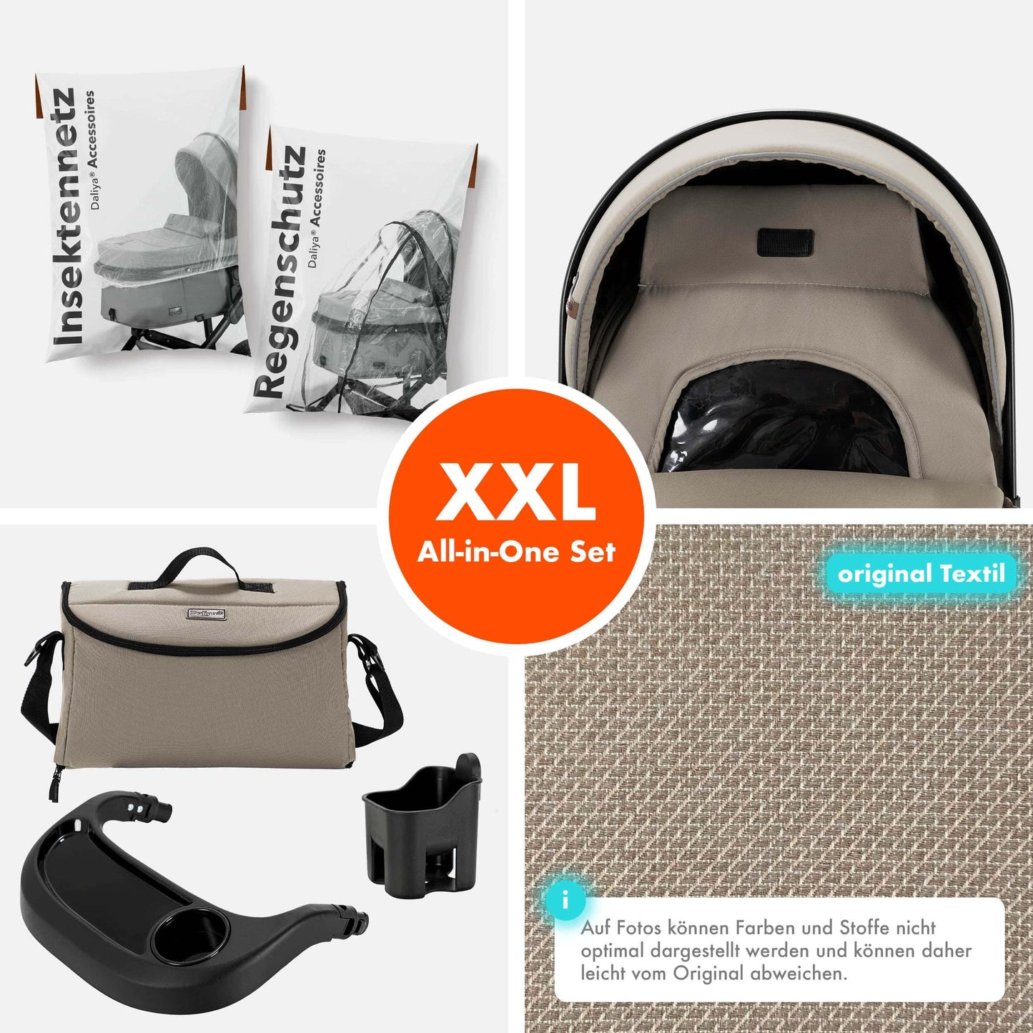 Daliya® FLEXI-PRO M 2in1 Kombikinderwagen & Buggy – XXL-Set, Reise-Kinderwagen mit Einhand-Abnahme, Wetterschutz, Sportsitz, Wickeltasche, Spieltisch, Regenschutz, dicke Matratze (Olivgrün)