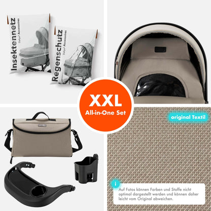 Daliya® FLEXI-PRO M 2in1 Kombikinderwagen & Buggy – XXL-Set, Reise-Kinderwagen mit Einhand-Abnahme, Wetterschutz, Sportsitz, Wickeltasche, Spieltisch, Regenschutz, dicke Matratze (Olivgrün)