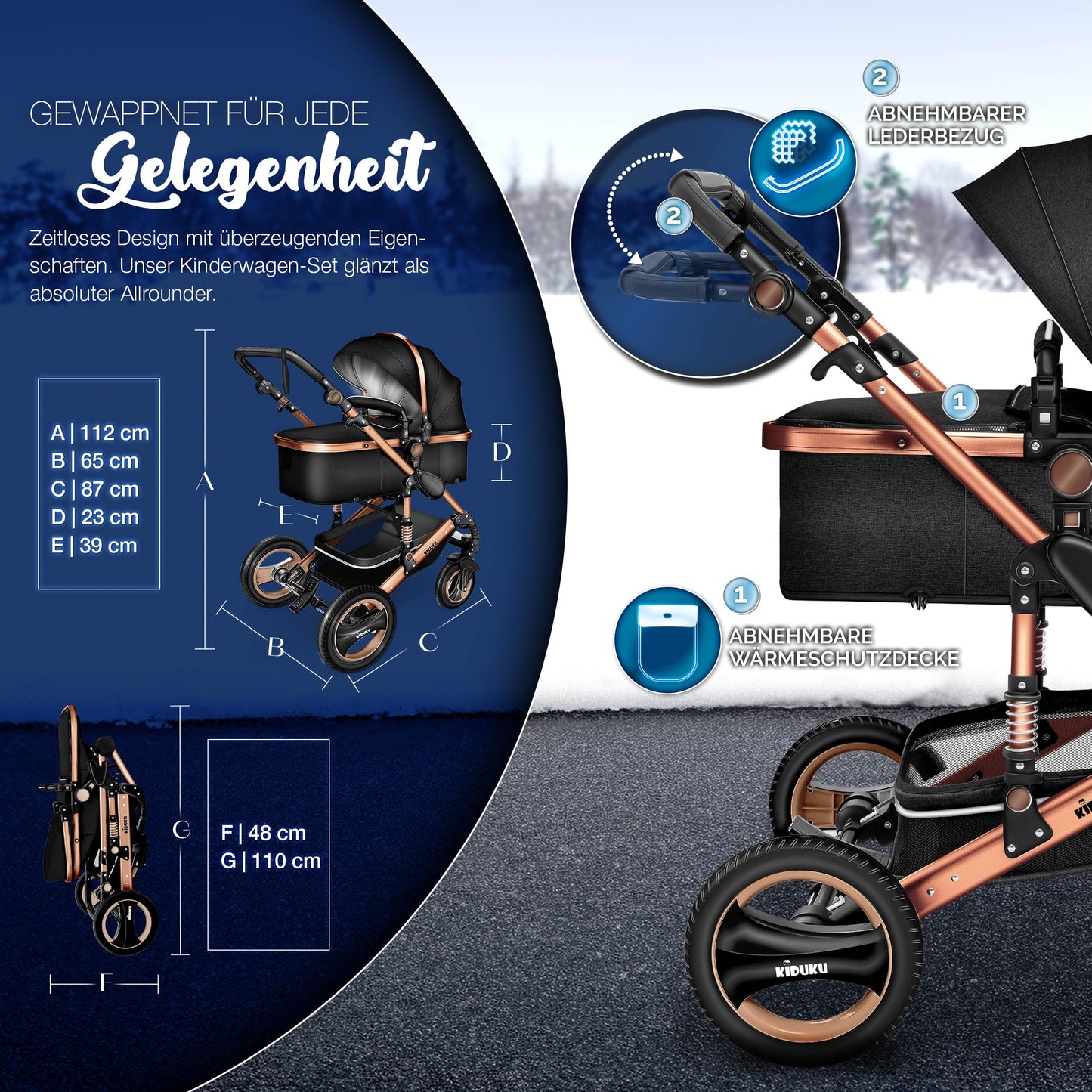 KIDUKU® 3 in 1 Kinderwagen Komplettset | Kombikinderwagen Set inkl. Babywanne & Buggy Sportsitz & Auto-Babyschale Fußsack | Vollgummireifen Wickeltasche Handwärmer Regenschutz Kindertisch ECE R129