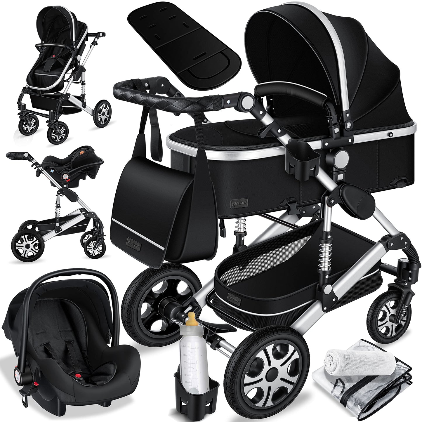 KESSER® Loops 3 in 1 Kinderwagen Kombikinderwagen Komplett-Set inkl. Babywanne & Buggy Sportsitz & Auto-Babyschale Voll-Gummireifen Wickeltasche Regenschutz Kindertisch ECE R129, Schwarz/Champagne - Meloni2