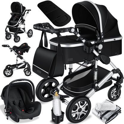 KESSER® Loops 3 in 1 Kinderwagen Kombikinderwagen Komplett-Set inkl. Babywanne & Buggy Sportsitz & Auto-Babyschale Voll-Gummireifen Wickeltasche Regenschutz Kindertisch ECE R129, Schwarz/Champagne - Meloni2