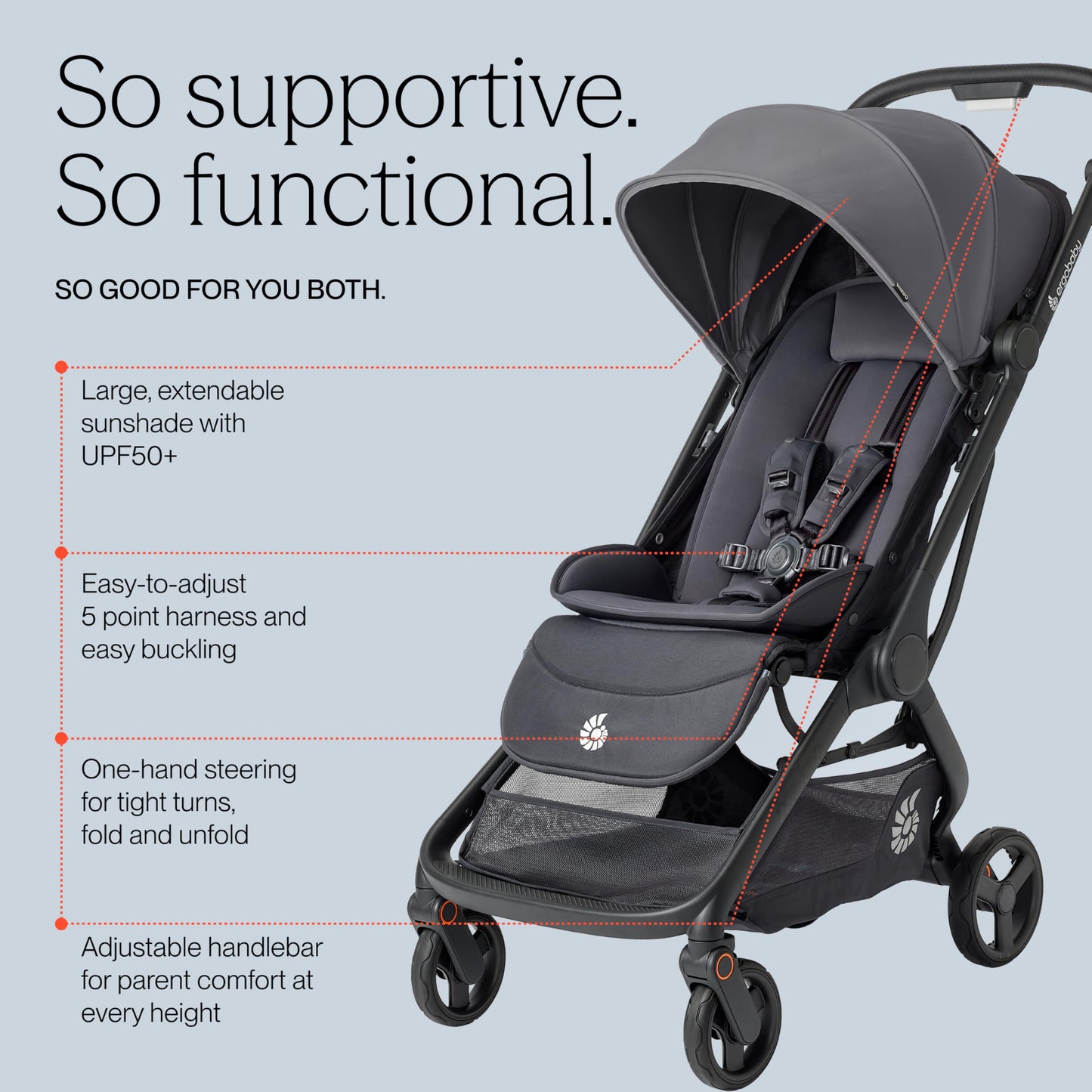Ergobaby Metro3 Kinderwagen Buggy mit Liegefunktion, Baby-Buggy ab Geburt bis 22kg (0-4 Jahre), Zusammenklappbar und Autositz Kompatibel, höhenverstellbarer Griff, ergonomischer Sitz, Graphite Grey