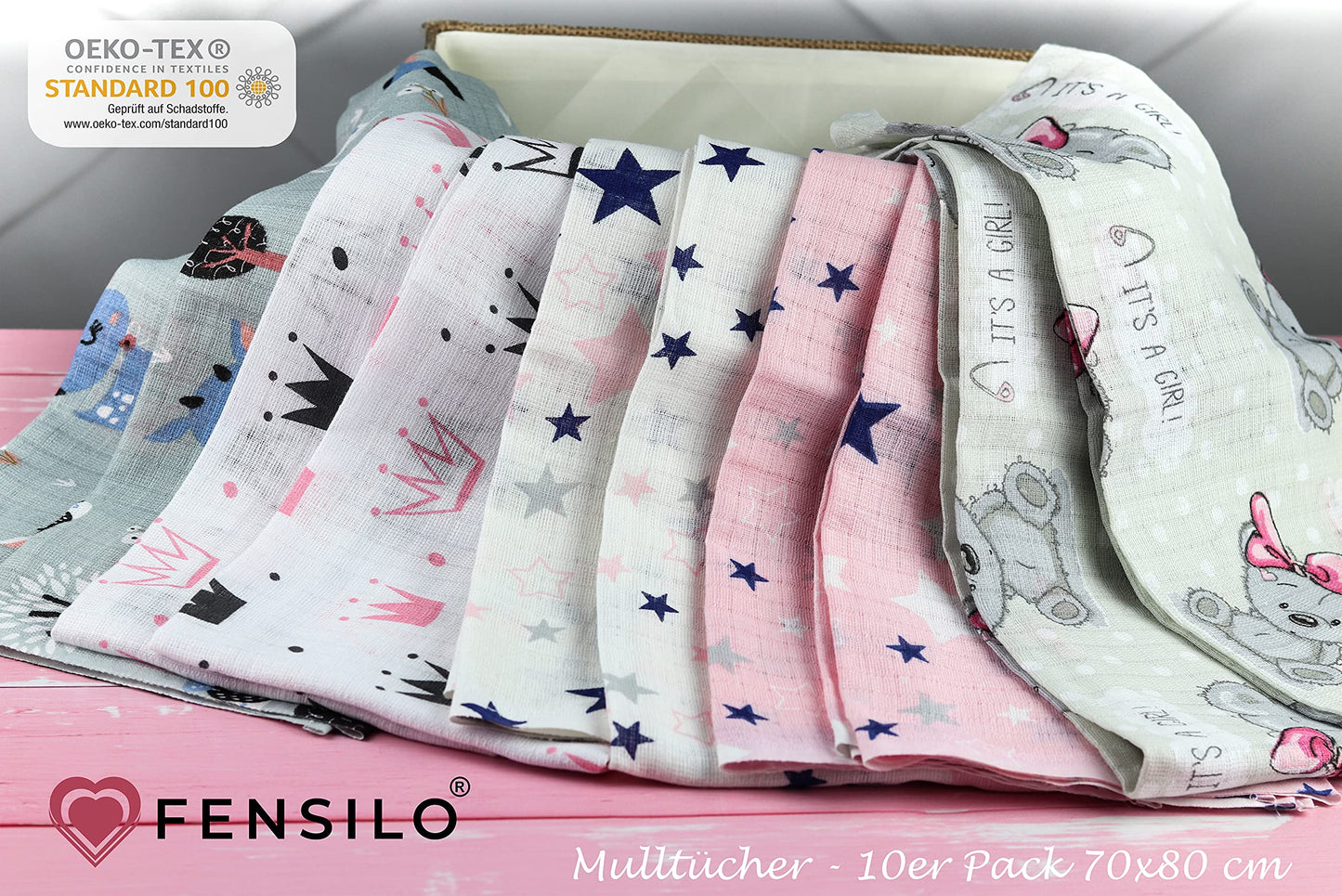 FENSILO - Mulltücher - Mullwindeln - 10er Pack 70x80 cm - Stoffwindeln, Made IN EU, schadstoffgeprüft - Spucktücher Set für Mädchen – Baby Mullwindeln- Rosa - Oeko-TEX Zertifiziert