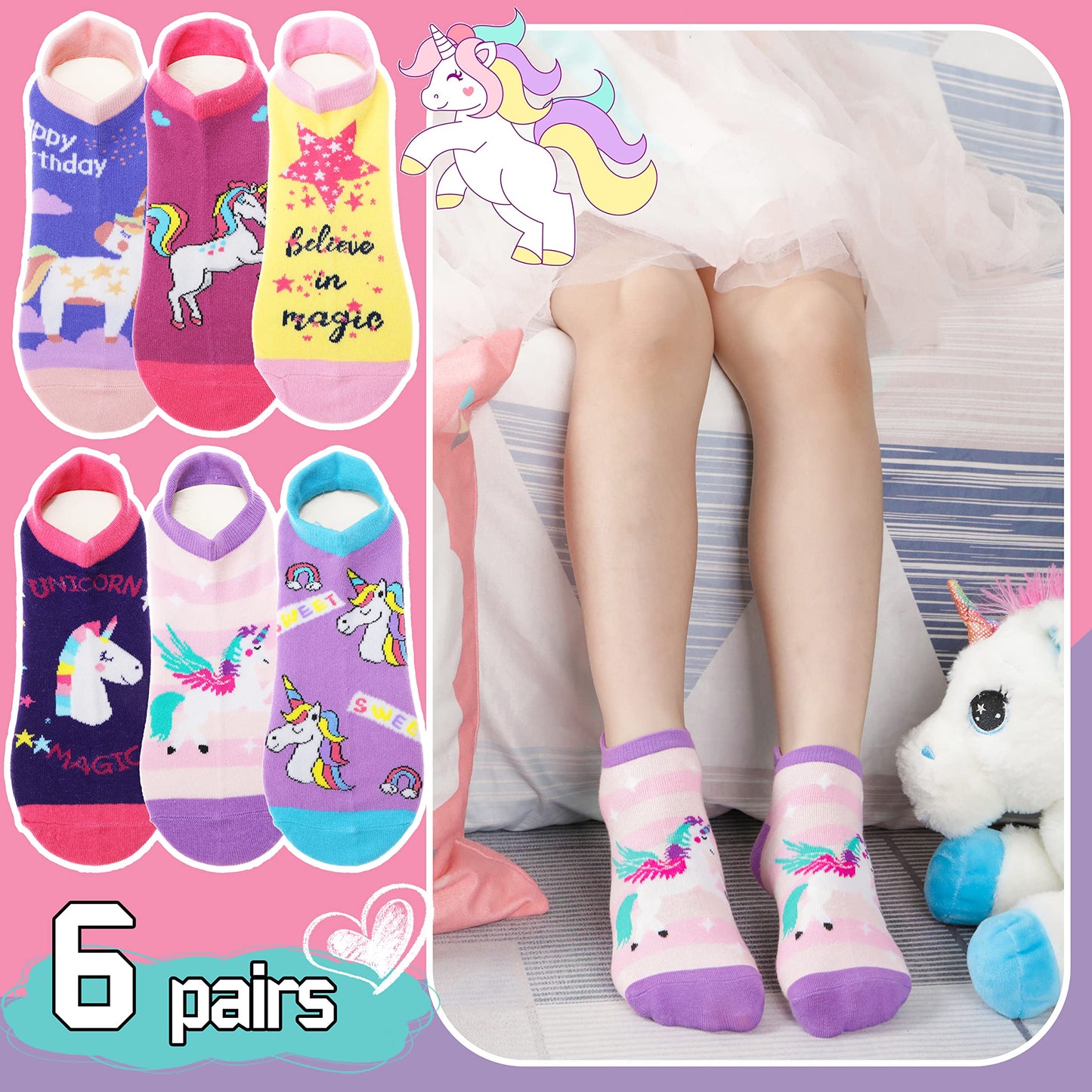 ANTSANG Kinder Lustige Socken Mädchen Sneaker Socken Kurze Einhorn Kindersocken Bunte Cartoon Baumwolle Kleinkind Socken 6 Paare