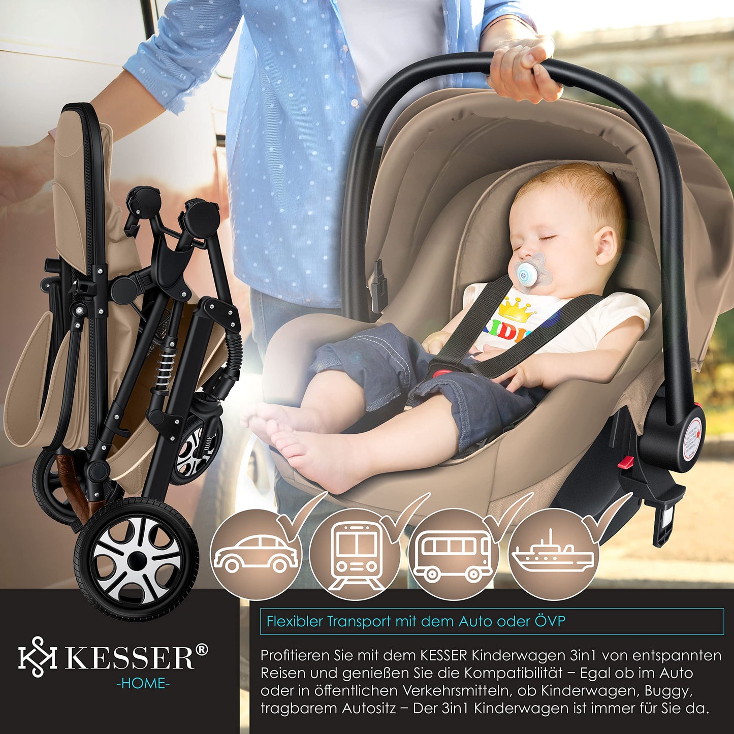 KESSER® Loops 3 in 1 Kinderwagen Kombikinderwagen Komplett-Set inkl. Babywanne & Buggy Sportsitz & Auto-Babyschale Voll-Gummireifen Wickeltasche Regenschutz Kindertisch ECE R129, Schwarz/Champagne - Meloni2