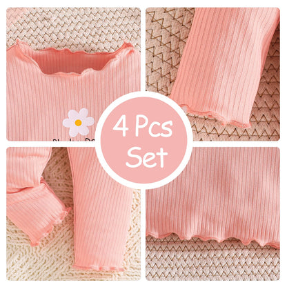 Kleinkind Baby Mädchen Kleidung Set Rüschen gerippt Kurzarm / Langarm T-Shirt Tops + Shorts Hosen 4 Stück Sommer Herbst Süße Outfits Set