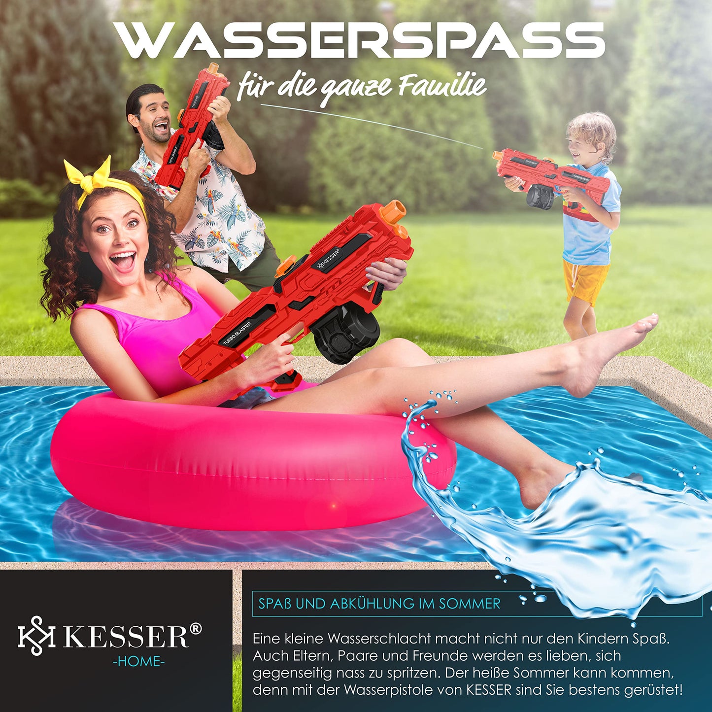 KESSER® Wasserpistole Elektrisch mit Akku Spritzpistolen 1000 ml große Wasserspritzpistole für Kinder und Erwachsene, 8m Reichweite, Wasserspielzeug inkl. Akku, Ladekabel & Extra-Tank Rot/Schwarz