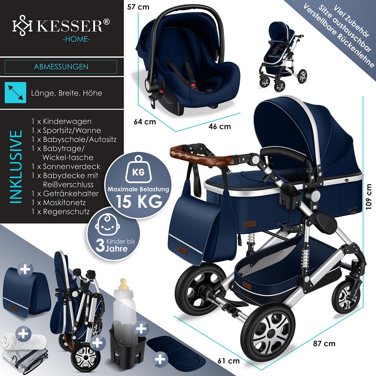 KESSER® Loops 3 in 1 Stroller Combi Stroller Complete Set including Carrycot &amp; Buggy Sports Seat &amp; Car Seat Solid Rubber Tires Changing Bag Rain Cover Children's Table ECE R129, Black/Champagne 