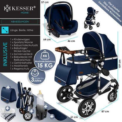 KESSER® Loops 3 in 1 Stroller Combi Stroller Complete Set including Carrycot &amp; Buggy Sports Seat &amp; Car Seat Solid Rubber Tires Changing Bag Rain Cover Children's Table ECE R129, Black/Champagne 