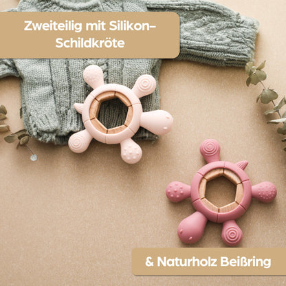 Schildkröte Beißring für Baby Natur Holz & Silikon Blau - Kauspielzeug, Zahnen-Hilfe & Greifling - Babyspielzeug Beissring Geschenk zur Geburt - Holz-Spielzeug nachhaltig, BPA-frei schadstofffrei