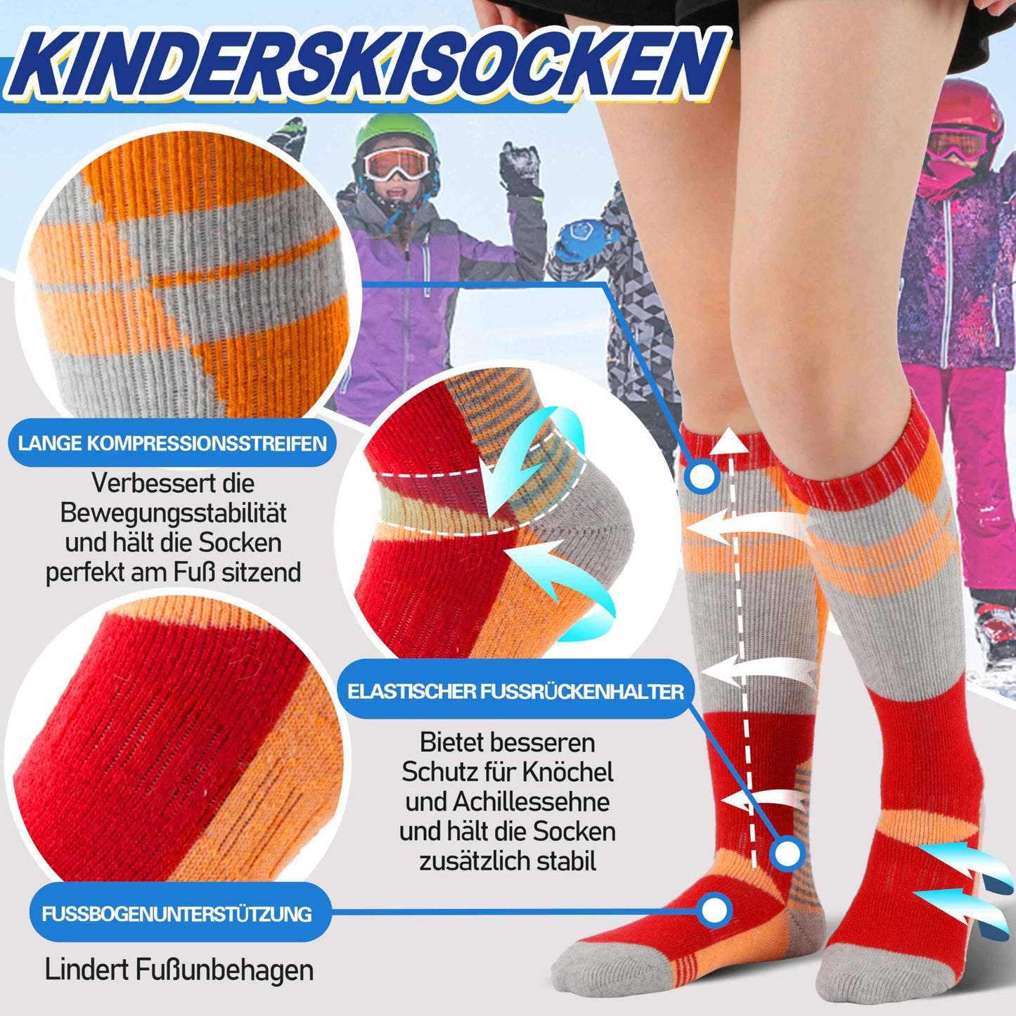 ANTSANG Kinder Merino Woll Skisocken Jungen Mädchen Thermisch Dick Warm Winter Gemütlich Kniehohe Socken zum Skifahren Snowboarden 3 Paar