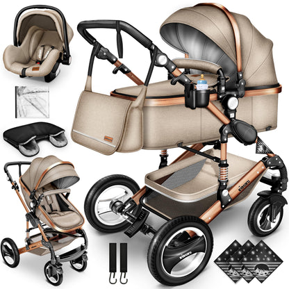KIDUKU® 3 in 1 Kinderwagen Komplettset | Kombikinderwagen Set inkl. Babywanne & Buggy Sportsitz & Auto-Babyschale Fußsack | Vollgummireifen Wickeltasche Handwärmer Regenschutz Kindertisch ECE R129