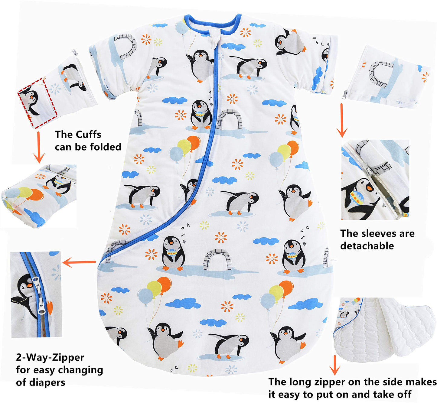 Chilsuessy Baby Sleeping Bag Winter with Removable Long Sleeve Organic Cotton Baby Sleeping Bag Small Children All-Year Sleeping Bag Pyjamas for Boys and Girls, Crown/2.5 Tog, 75-90 cm