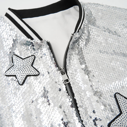 LOLANTA Girls Sequin Bomber Jacket with Pockets Zipper Long Sleeve Glitter Baseball Jackets for Kids 4-13 Years 