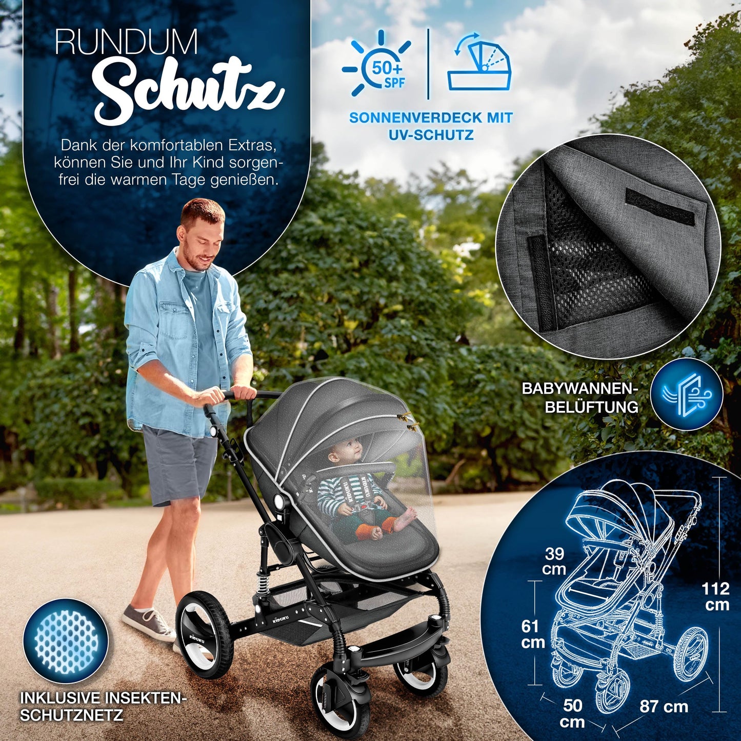KIDUKU® 3 in 1 Kinderwagen Komplettset | Kombikinderwagen Set inkl. Babywanne & Buggy Sportsitz & Auto-Babyschale Fußsack | Vollgummireifen Wickeltasche Handwärmer Regenschutz Kindertisch ECE R129