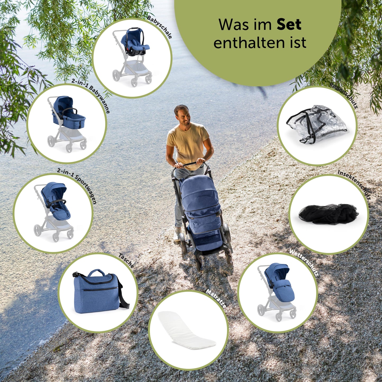 Bergsteiger Lugo 3-in-1 Pushchair Complete Set Including Accessories - Baby Seat, Buggy Attachment, Sun Protection & Weather Footmuff | Isofix Station Available