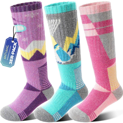 ANTSANG Kinder Merino Woll Skisocken Jungen Mädchen Thermisch Dick Warm Winter Gemütlich Kniehohe Socken zum Skifahren Snowboarden 3 Paar