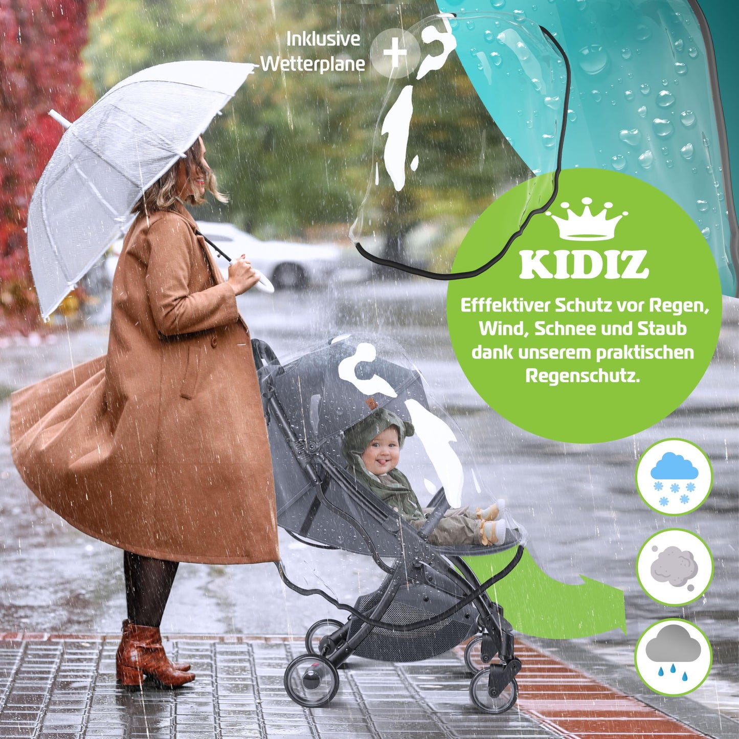 KIDIZ® Folding Pushchair, Sports Pram, 360° Wheels, 5-Point Harness, incl. Drinks Holder, Rain Cover, Adjustable Backrest and Sun Canopy, Red