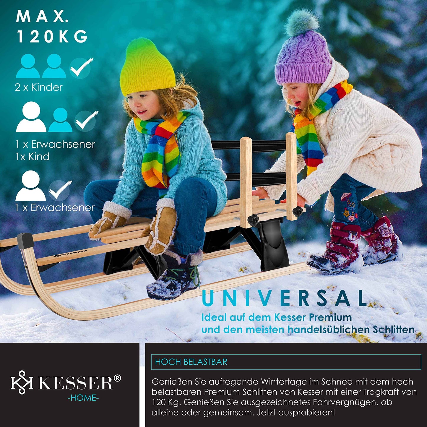 KESSER® Wooden Sledge Premium Children's Folding Sledge Made of Beech Wood Including Pull Rope Slider Metal Runners