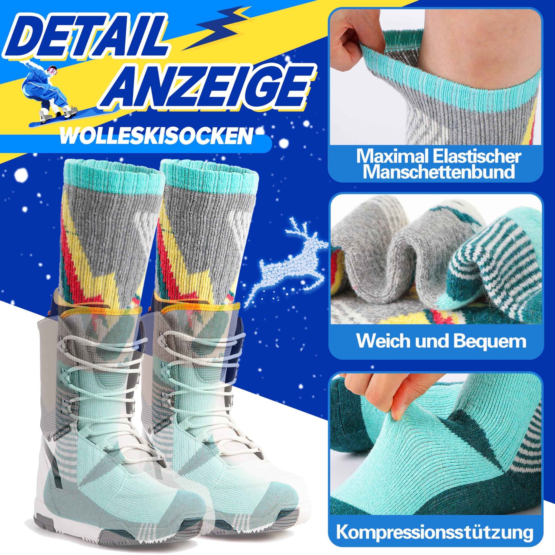 ANTSANG Kinder Merino Woll Skisocken Jungen Mädchen Thermisch Dick Warm Winter Gemütlich Kniehohe Socken zum Skifahren Snowboarden 3 Paar