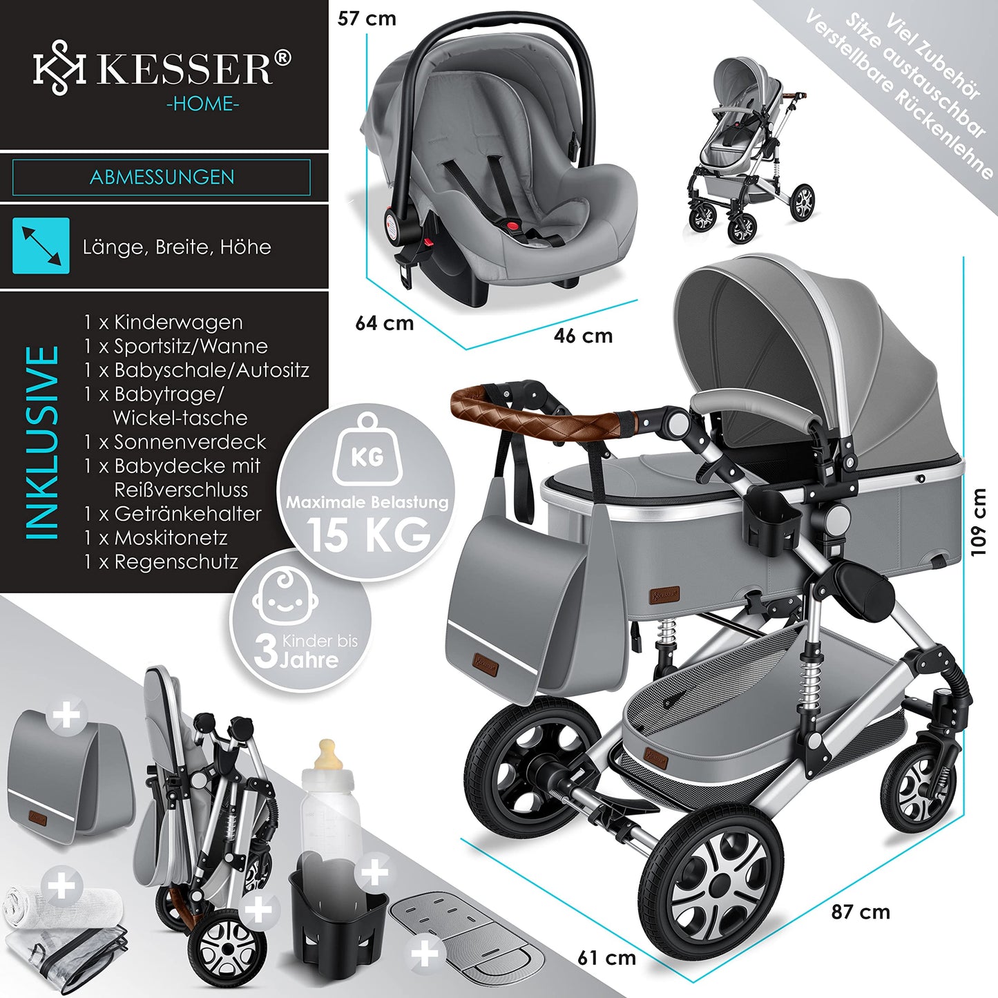 KESSER® Loops 3 in 1 Kinderwagen Kombikinderwagen Komplett-Set inkl. Babywanne & Buggy Sportsitz & Auto-Babyschale Voll-Gummireifen Wickeltasche Regenschutz Kindertisch ECE R129, Schwarz/Champagne - Meloni2